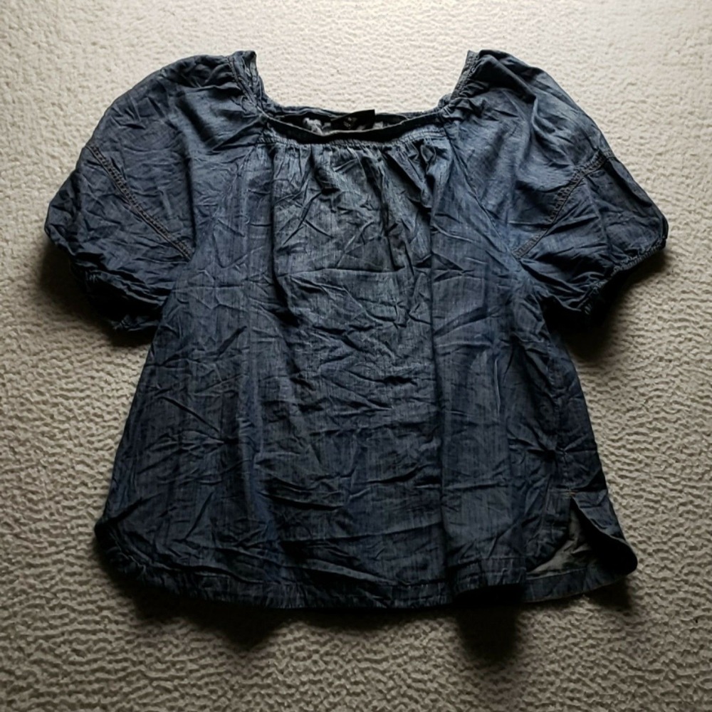 Lane Bryant Blouse Womens Plus 20 Blue Chambray Scoop Neck Short Sleeve Top